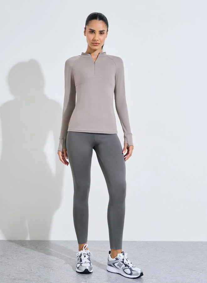 Styli Active Beige Solid Activewear Quarter-Zip Top With Thumbholes