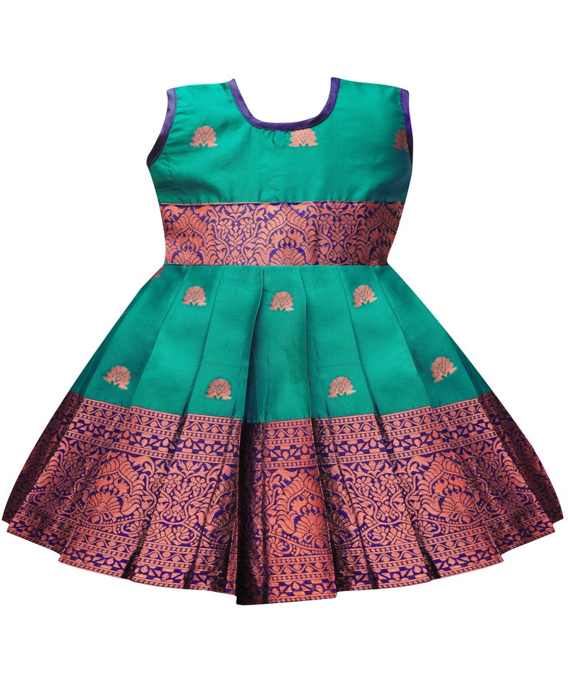 Suzvan Baby Girls South Indian Traditional Pattu Pavadai Jacquard Silk Lehenga Choli (Rama, 3-6 Months) - Image 1