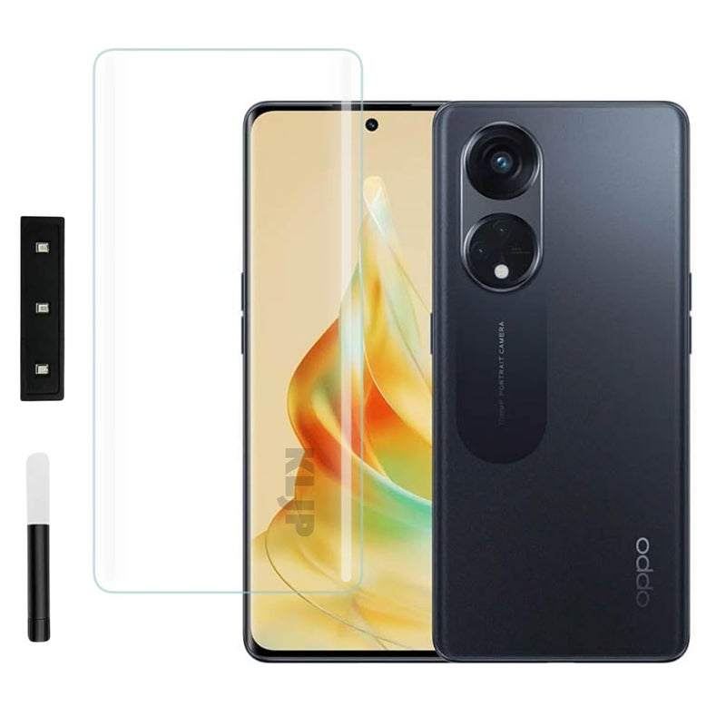 KLJP HD+ UV Tempered Glass Screen Protector Guard Compatible For Oppo Reno 8T (Pack of 1) Full Adhesive UV Curved Case Friendly HD+ Clarity - Image 1