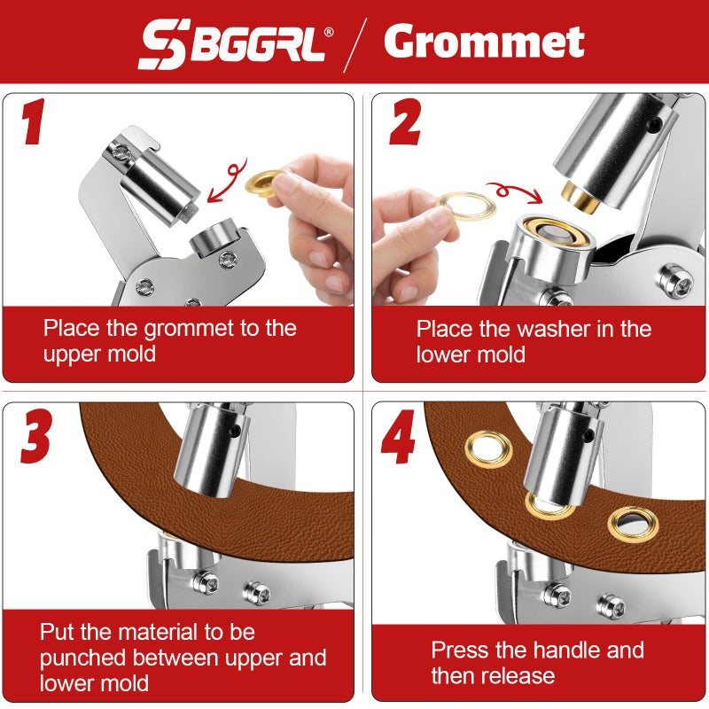 SBGGRL Grommet Tool kit, 3/8 Inch Heavy Duty Eyelets Pliers with 300 pcs 10mm Metal Grommet Set (Gold, Black, Silver) for Tarps, Fabric, Leather, Tents, Vinyl, Canvas - Image 4