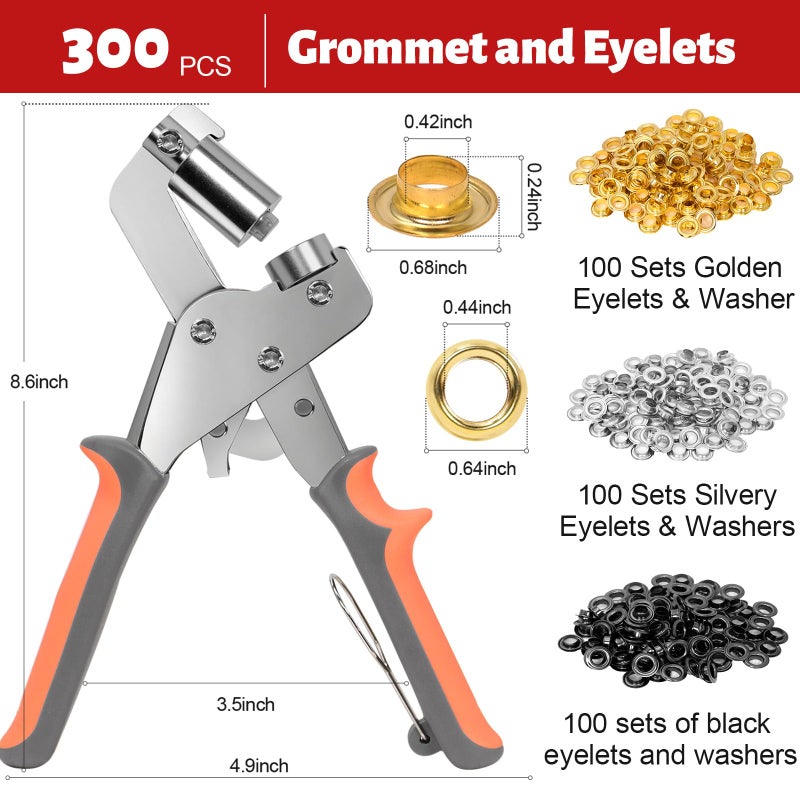 SBGGRL Grommet Tool kit, 3/8 Inch Heavy Duty Eyelets Pliers with 300 pcs 10mm Metal Grommet Set (Gold, Black, Silver) for Tarps, Fabric, Leather, Tents, Vinyl, Canvas - Image 3