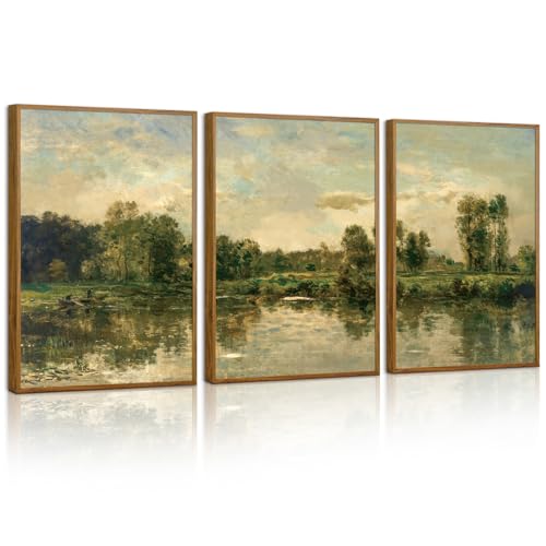 Tinonedraw Vintage Landscape Framed Canvas Wall Art Set of 3 French Country Art Prints Nature Green Trees and Lake Art Paintings Rustic Aesthetic Wall Decor for Living Room Bedroom Office 16x24x3 - Image 1