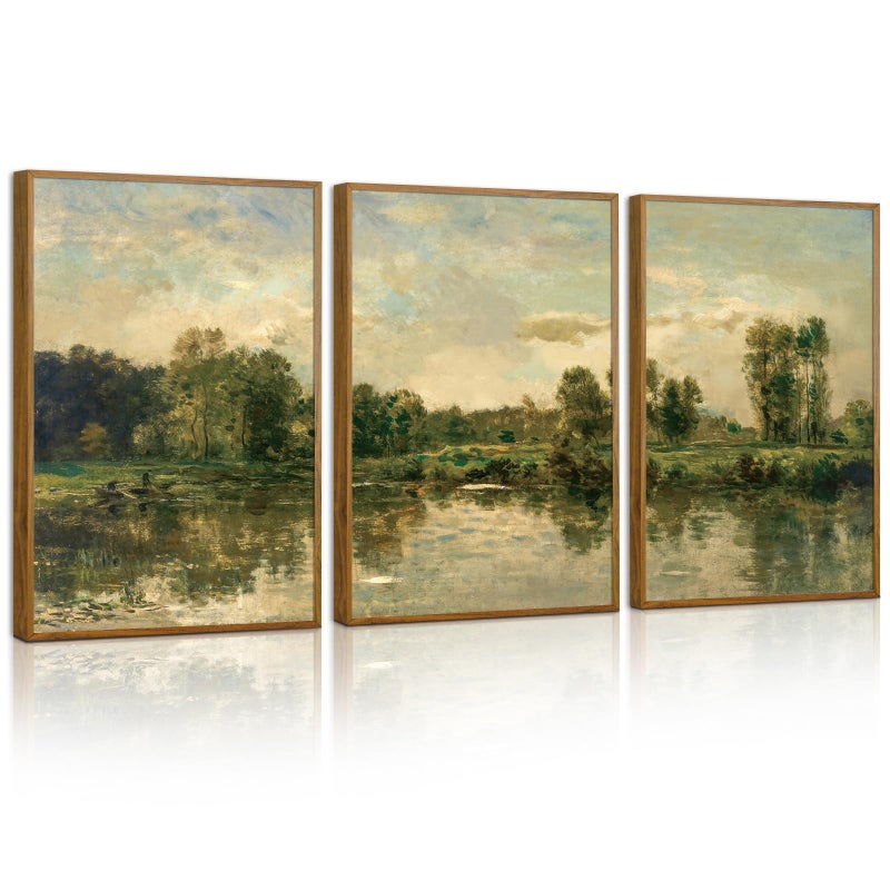 Tinonedraw Vintage Landscape Framed Canvas Wall Art Set of 3 French Country Art Prints Nature Green Trees and Lake Art Paintings Rustic Aesthetic Wall Decor for Living Room Bedroom Office 16x24x3 - Image 2
