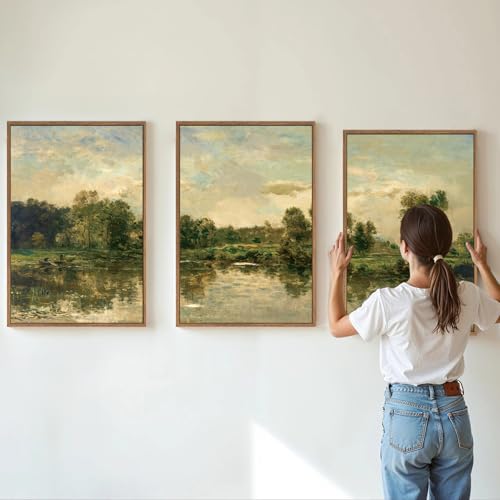 Tinonedraw Vintage Landscape Framed Canvas Wall Art Set of 3 French Country Art Prints Nature Green Trees and Lake Art Paintings Rustic Aesthetic Wall Decor for Living Room Bedroom Office 16x24x3 - Image 3
