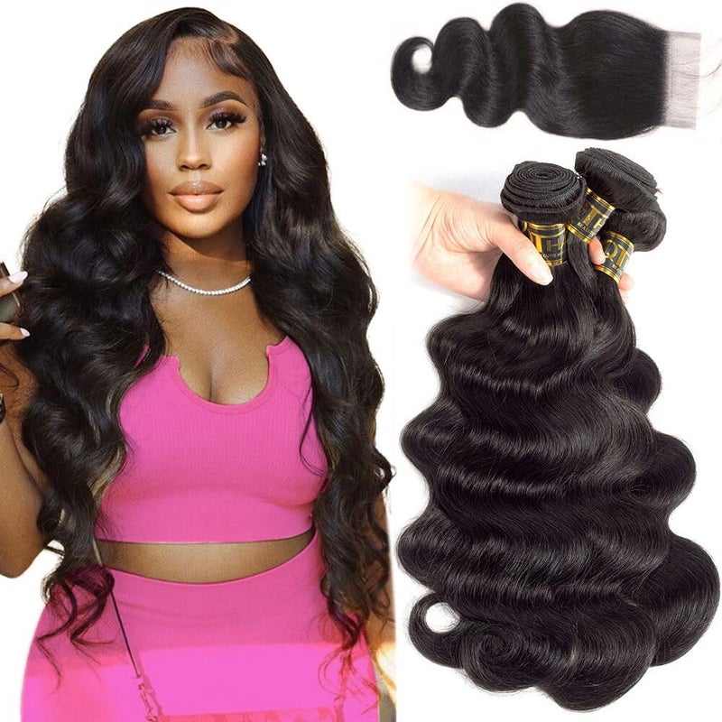QTHAIR QTHAIR 16A Grade Body Wave 3 Bundles with Closure Brazilian Virgin Hair 100 Unprocessed Human Hair bundles With Lace Closure Natural Color by YAVVE 12 14 1410closure Free Part 