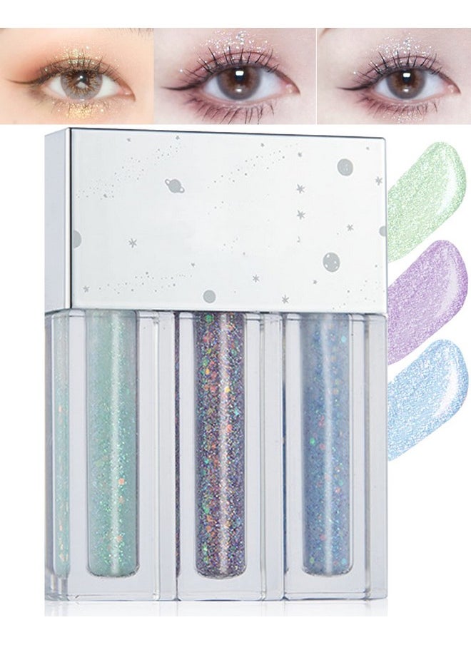 LYSdefeu - 3 Colors Liquid Glitter Eyeshadow Kit Waterproof Metallic Shimmer Sparkling Eyeshadow Blue Green Purple Diamond Eye Shadow Stick Long Lasting Glow Eye Shadow Korea Eye Makeup Gift For Women B - Image 1