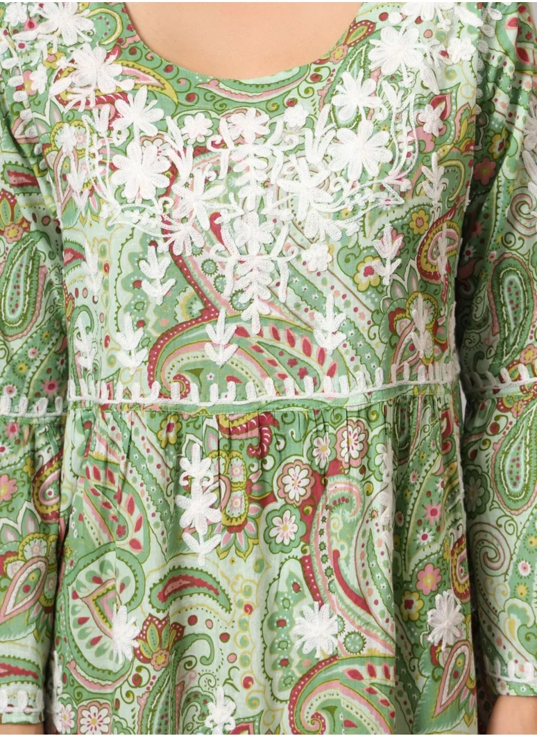 Alaya Hand Embroidered Chikankari A-Line Gathering Pattern Mulmul Cotton Jalabiya-AL3673