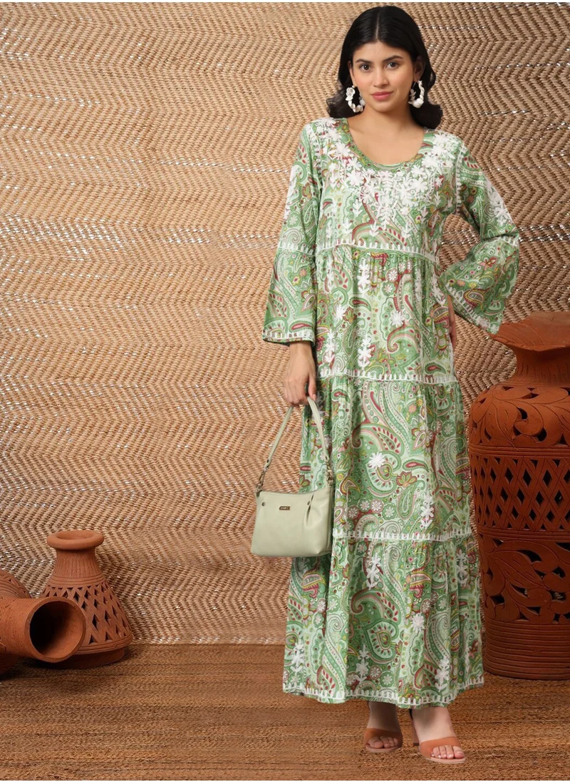 Alaya Hand Embroidered Chikankari A-Line Gathering Pattern Mulmul Cotton Jalabiya-AL3673