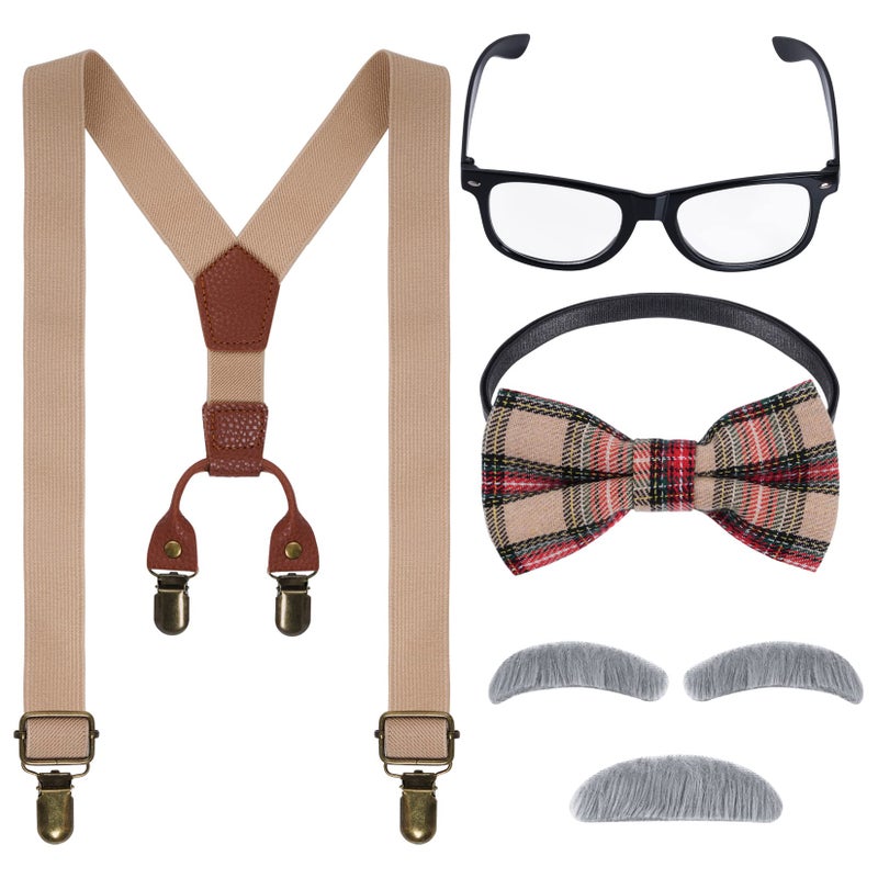 mifengda Kids 100 Day of School Old Man Costume - Grandpa Outfit for Boys 1920s Halloween Dress Up Set Including Bow Tie, Beard, Eyebrow, Suspenders, Glasses - Image 1