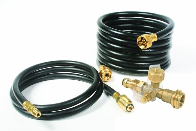 Camco Propane Brass 4 Port Tee- Comes with 5ft and 12ft Hoses, Allows for Connection Between Auxiliary Propane Cylinder and Propane Appliances (59123), Black - Image 1
