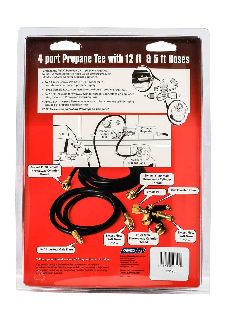 Camco Propane Brass 4 Port Tee- Comes with 5ft and 12ft Hoses, Allows for Connection Between Auxiliary Propane Cylinder and Propane Appliances (59123), Black - Image 3