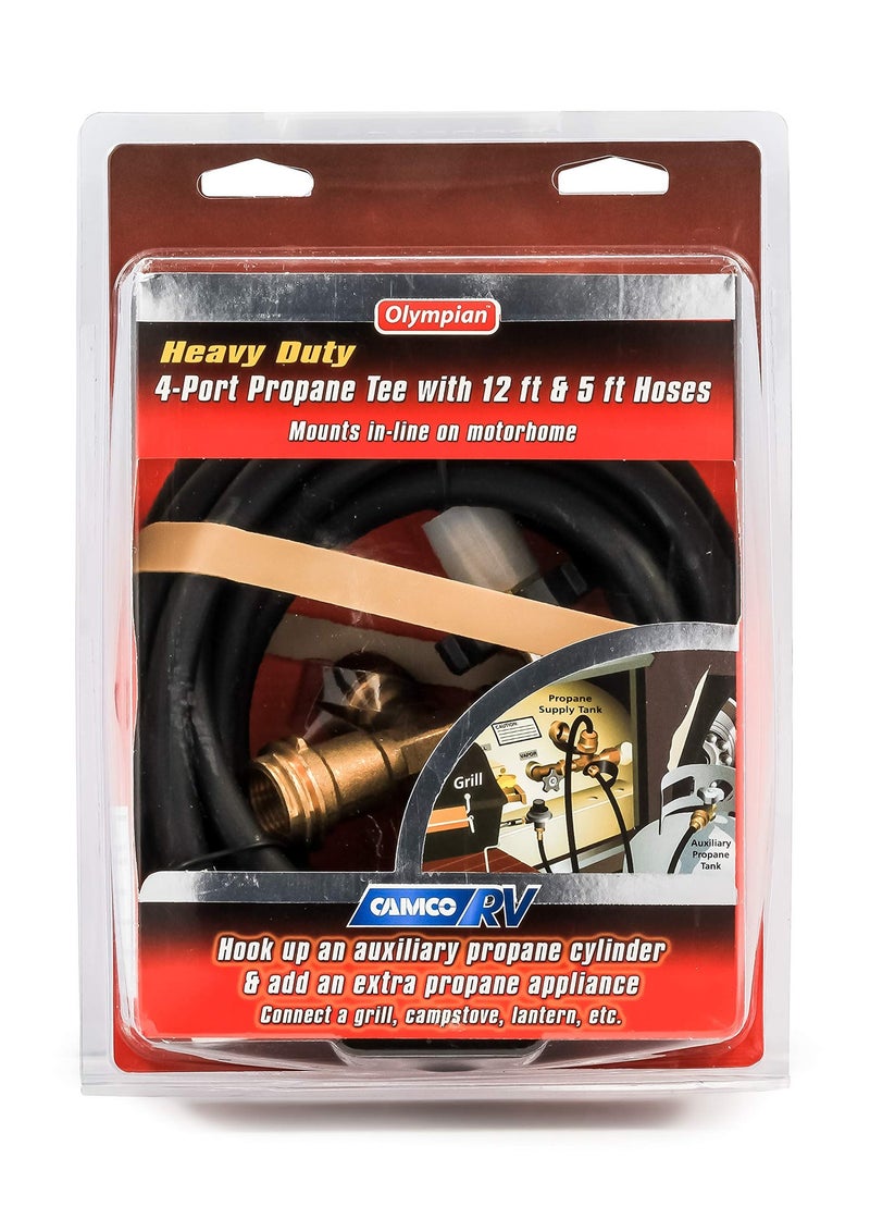 Camco Propane Brass 4 Port Tee- Comes with 5ft and 12ft Hoses, Allows for Connection Between Auxiliary Propane Cylinder and Propane Appliances (59123), Black - Image 4