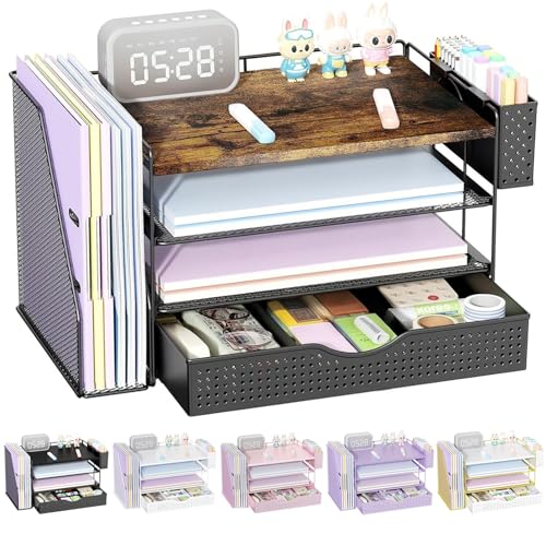 gianotter Wood Desk Organizers and Accessories with File Holder 4Tier Desk Accessories Workspace Organizers with Drawer and Pen Holder Desk Reference Organizer Wood 4T with Drawer - Image 1