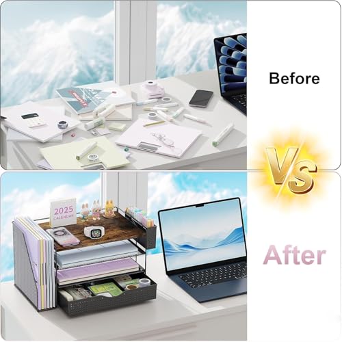 gianotter Wood Desk Organizers and Accessories with File Holder 4Tier Desk Accessories Workspace Organizers with Drawer and Pen Holder Desk Reference Organizer Wood 4T with Drawer - Image 3
