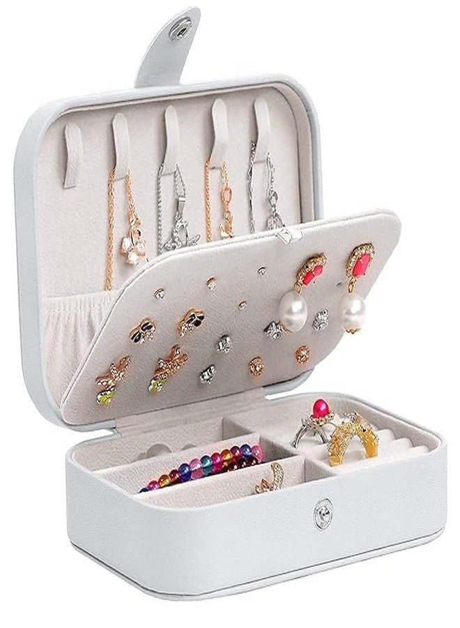 KD ZONE Travel Jewelry Box, PU Leather Small Organizer for Women Girls, Double Layer Portable Mini Case Display Storage Holder Boxes Stud Earrings, Rings, Necklaces, Bracelets (White) - Image 1