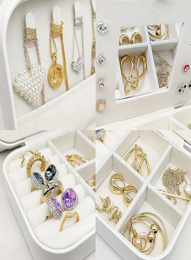 KD ZONE Travel Jewelry Box, PU Leather Small Organizer for Women Girls, Double Layer Portable Mini Case Display Storage Holder Boxes Stud Earrings, Rings, Necklaces, Bracelets (White) - Image 3