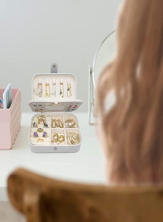 KD ZONE Travel Jewelry Box, PU Leather Small Organizer for Women Girls, Double Layer Portable Mini Case Display Storage Holder Boxes Stud Earrings, Rings, Necklaces, Bracelets (White) - Image 2