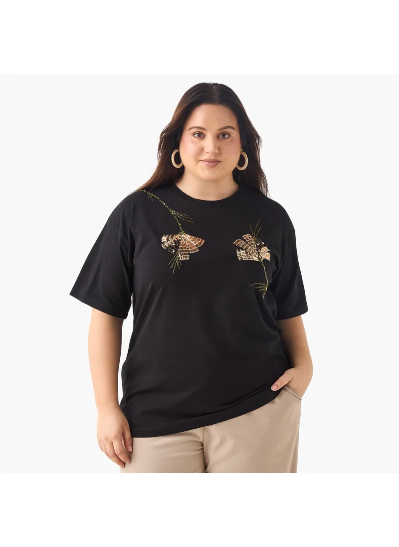 Ulla Popken Plus Size Ulla Popken Embellished T-shirt with Round Neck and Short Sleeves