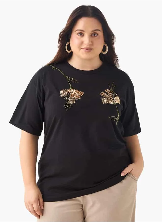 Ulla Popken Plus Size Ulla Popken Embellished T-shirt with Round Neck and Short Sleeves