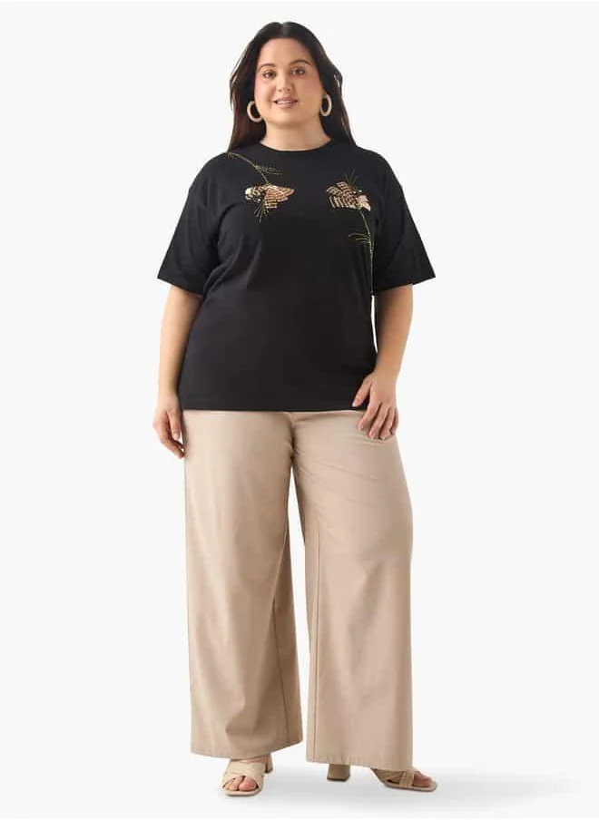  أولا بوبكن Plus Size Ulla Popken Embellished T-shirt with Round Neck and Short Sleeves