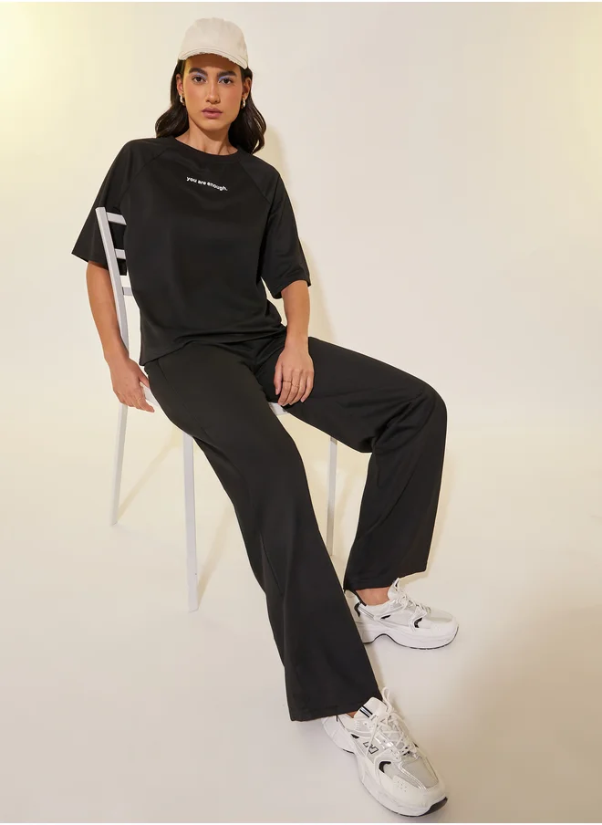 Styli Slogan Print T-Shirt and Wide Leg Pants Co-Ords