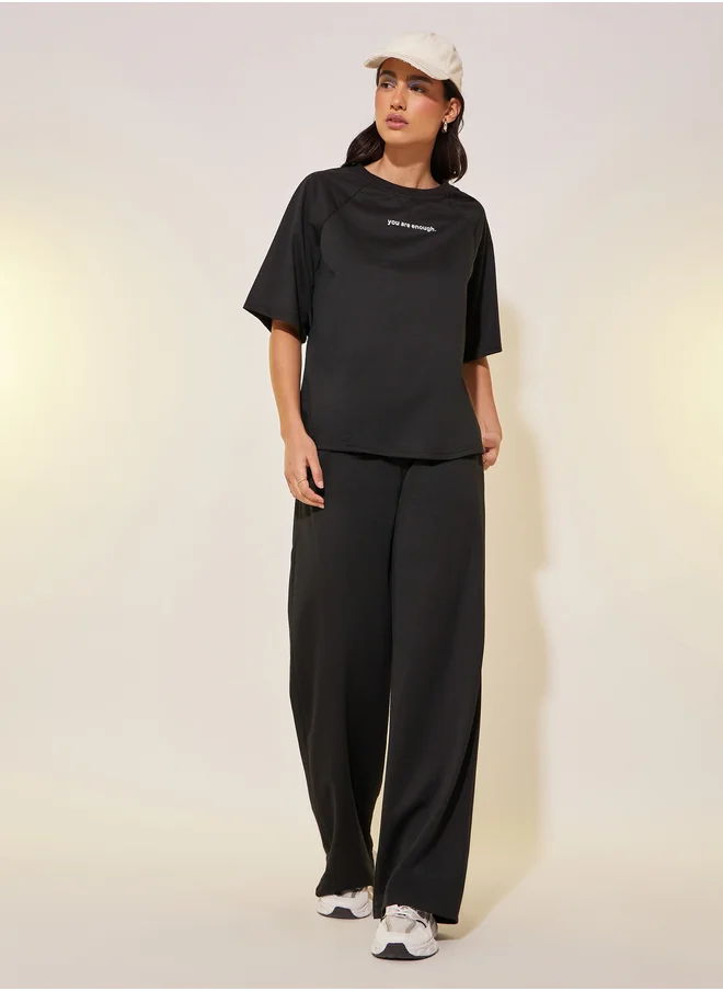 Styli Slogan Print T-Shirt and Wide Leg Pants Co-Ords
