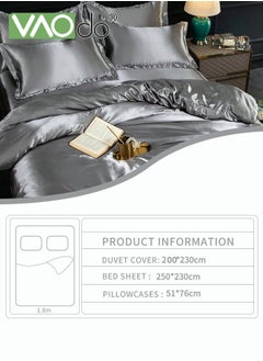 VAOdo 4PCS Comforter Set Luxurious Satin Bedding Set Breathable Moisture Absorbing Suitable for All Seasons Skin-friendly No Pilling Duvet Cover Set King Size 2.0M Bed 200x230cm Grey  - Image 5