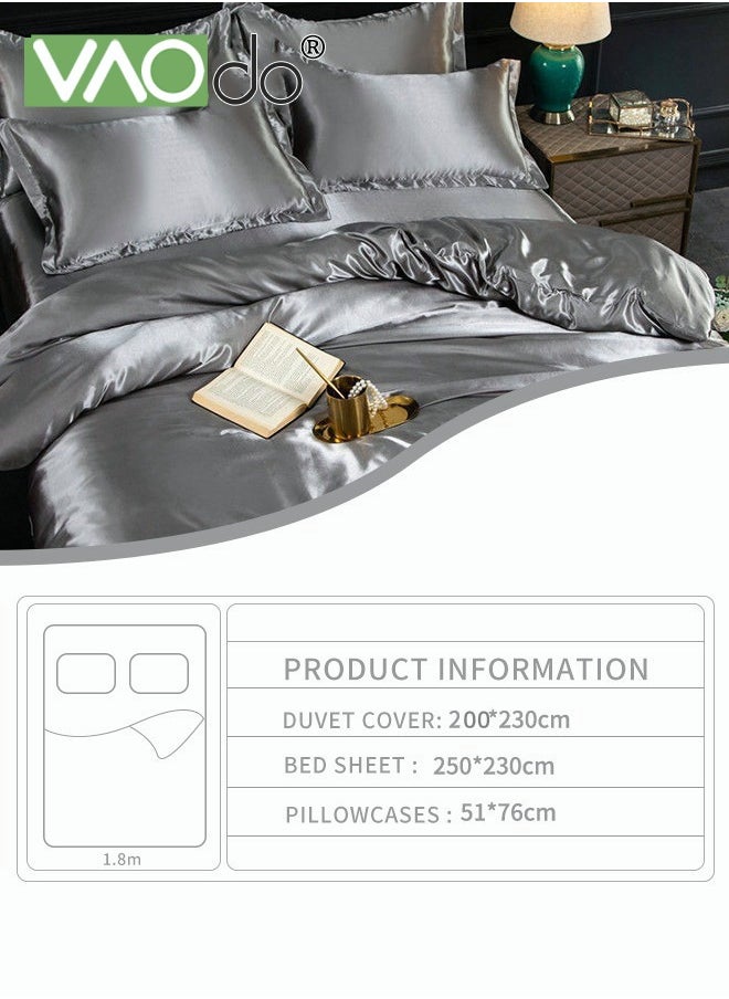 VAOdo 4PCS Comforter Set Luxurious Satin Bedding Set Breathable Moisture Absorbing Suitable for All Seasons Skin-friendly No Pilling Duvet Cover Set King Size 2.0M Bed 200x230cm Grey  - Image 5