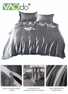 VAOdo 4PCS Comforter Set Luxurious Satin Bedding Set Breathable Moisture Absorbing Suitable for All Seasons Skin-friendly No Pilling Duvet Cover Set King Size 2.0M Bed 200x230cm Grey  - Image 4