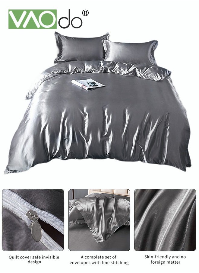 VAOdo 4PCS Comforter Set Luxurious Satin Bedding Set Breathable Moisture Absorbing Suitable for All Seasons Skin-friendly No Pilling Duvet Cover Set King Size 2.0M Bed 200x230cm Grey  - Image 4