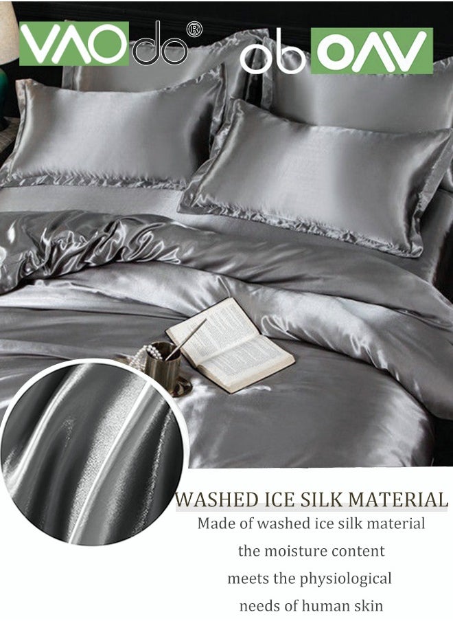 VAOdo 4PCS Comforter Set Luxurious Satin Bedding Set Breathable Moisture Absorbing Suitable for All Seasons Skin-friendly No Pilling Duvet Cover Set King Size 2.0M Bed 200x230cm Grey  - Image 2