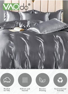VAOdo 4PCS Comforter Set Luxurious Satin Bedding Set Breathable Moisture Absorbing Suitable for All Seasons Skin-friendly No Pilling Duvet Cover Set King Size 2.0M Bed 200x230cm Grey  - Image 1