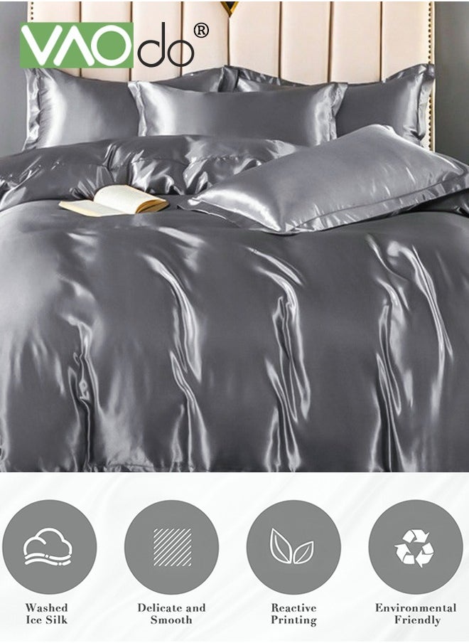 VAOdo 4PCS Comforter Set Luxurious Satin Bedding Set Breathable Moisture Absorbing Suitable for All Seasons Skin-friendly No Pilling Duvet Cover Set King Size 2.0M Bed 200x230cm Grey  - Image 1