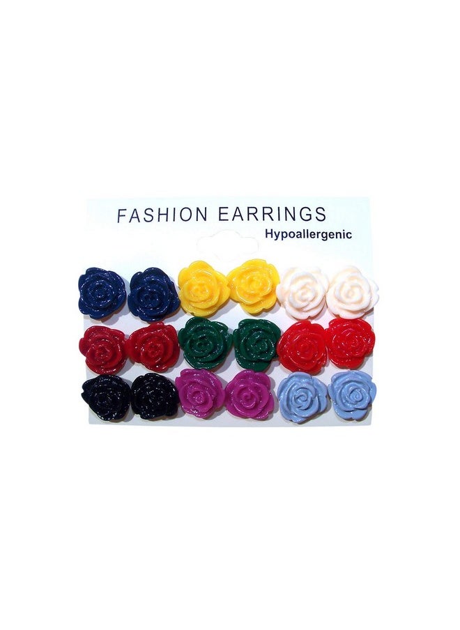 DesignedDazzle 9 Pairs Multi Colors Rose Flowers Acrylic Nylon Plastic Post Earrings Medical Hypoallergenic No Metal Studs Sensitive Ears Women  - Image 4