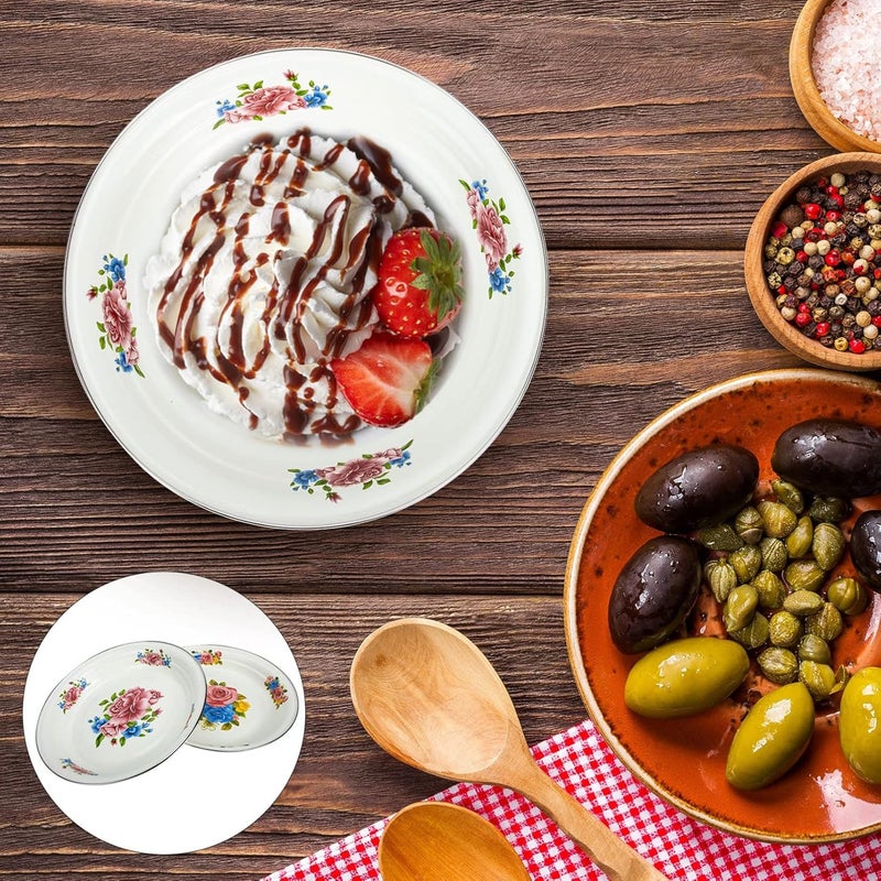 ويوبلز طبقان من المينا، مناسبان للسلطة والمعكرونة، طبق دائري غير قابل للكسر، مزين بنقوش زهور، طبق عشاء من المينا، ملحقات تخييم (ملون) - Image 2