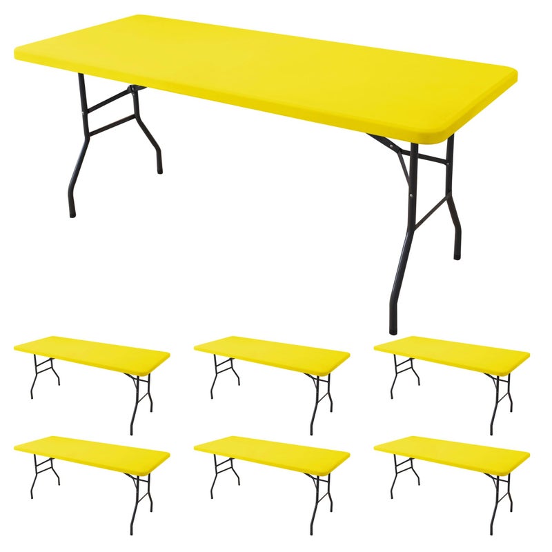 Enjoyidea Fitted Tablecloth for 6 Foot Rectangle Tables-6 Pack Yellow Elastic Outdoor Picnic Table Cover-Spandex Stretch Folding Table Cloths 6 ft for Camping Dining Room Patio Kitchen Banquet Party - Image 1