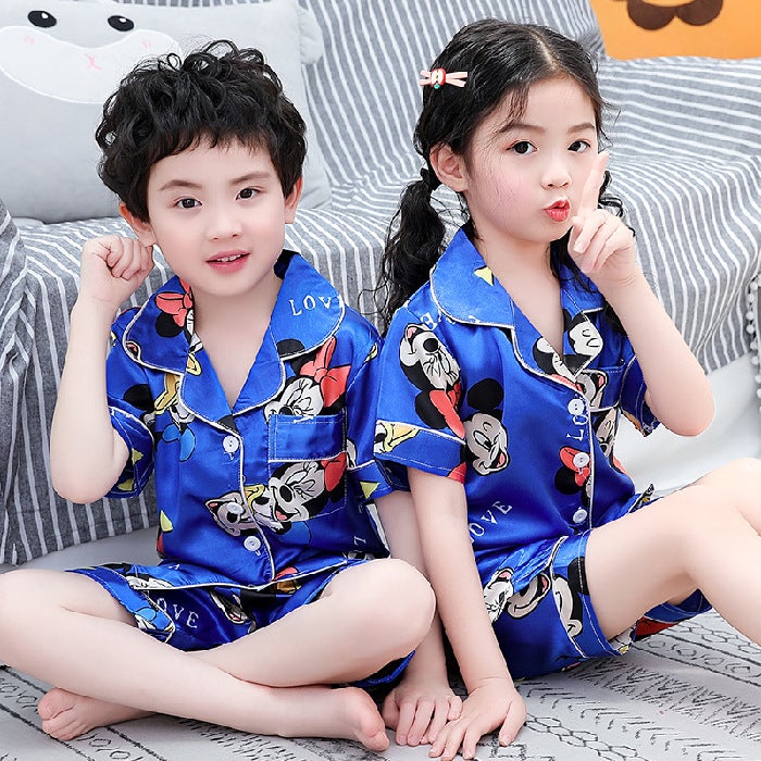 Cute Cartoon Kids Silk Pajama Set Blue Mickey 