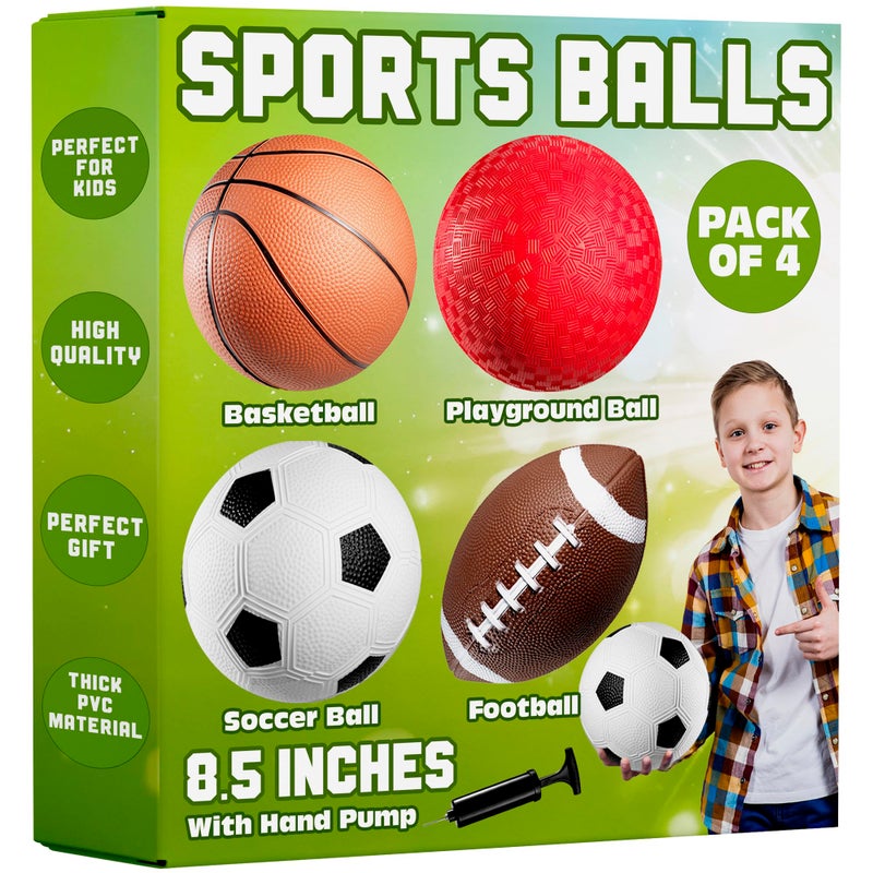 PlayBolt 85 Sports Balls for Kids Toddlers Pack of 4 Rubber Inflatable MultiSport Ball Set Football Soccer Ball Basketball Playground Ball Pump Birthday Gift Toys for Boys Girls - Image 2