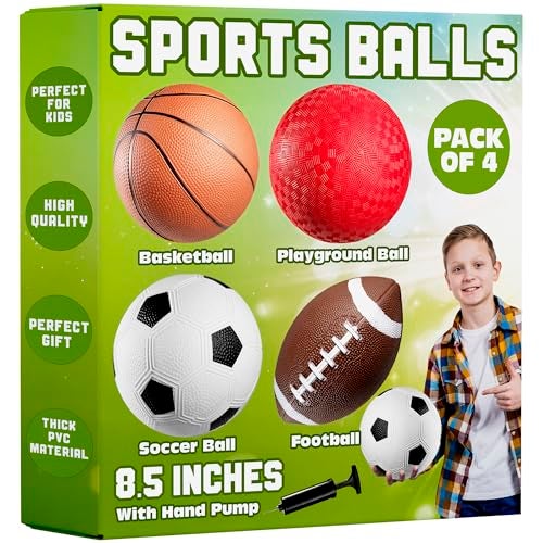 PlayBolt 85 Sports Balls for Kids Toddlers Pack of 4 Rubber Inflatable MultiSport Ball Set Football Soccer Ball Basketball Playground Ball Pump Birthday Gift Toys for Boys Girls - Image 1
