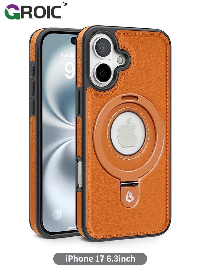 GROIC Designed for iPhone 17 Standing Case, Leather Magnetic Phone Cover for iPhone 17, Invisible Ring Holder Stand Logo Hole Back Cover, Vegan, Luxury, Elegant (Brown) - Image 1