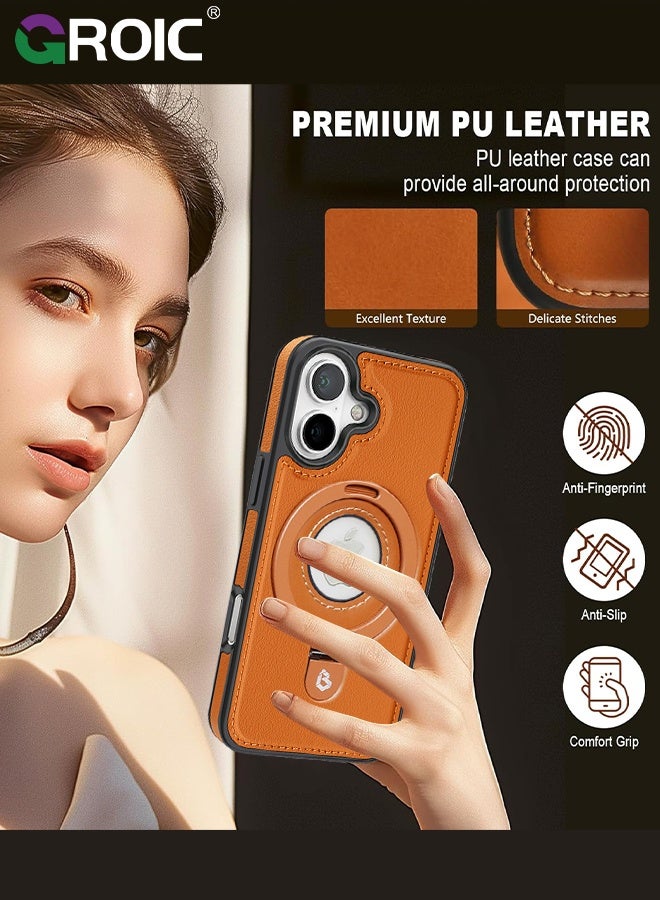 GROIC Designed for iPhone 17 Standing Case, Leather Magnetic Phone Cover for iPhone 17, Invisible Ring Holder Stand Logo Hole Back Cover, Vegan, Luxury, Elegant (Brown) - Image 2