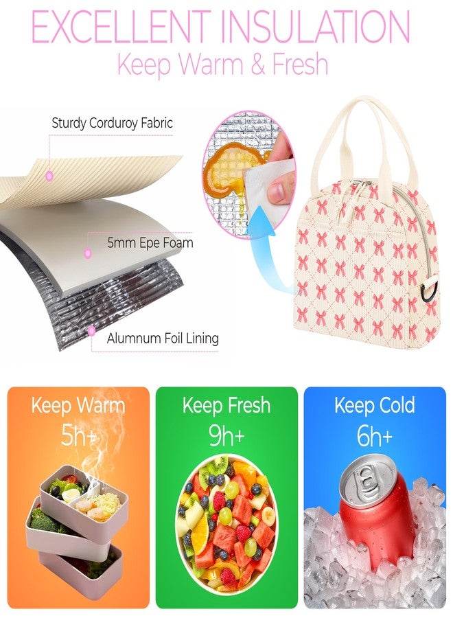 WOBAGMEN Lunch Box for Women,Lunch Bag Cute Corduroy Insulated Lunch Box With Shoulder Strap for Adult Womens for Work Picnic (Neat bow) - Image 3