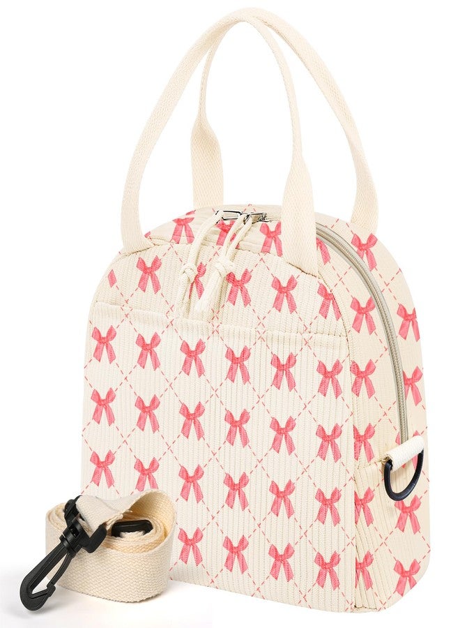 WOBAGMEN Lunch Box for Women,Lunch Bag Cute Corduroy Insulated Lunch Box With Shoulder Strap for Adult Womens for Work Picnic (Neat bow) - Image 1