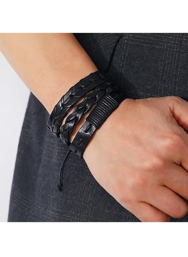 بيليف 6 Pcs Woven Braided PU Leather Bracelet for Men Women Cool Wristbands Cuff Bracelets Multilayered Handmade Wrap Bracelets Adjustable Black - Image 4