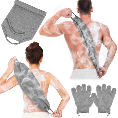 Anezus Exfoliating Back Scrubber Bath Gloves Set, Exfoliating Shower Towel with Shower Gloves for Body Scrub, Back Cleaner Wash Gloves to Remove Dead Skin (Grey) - Image 1