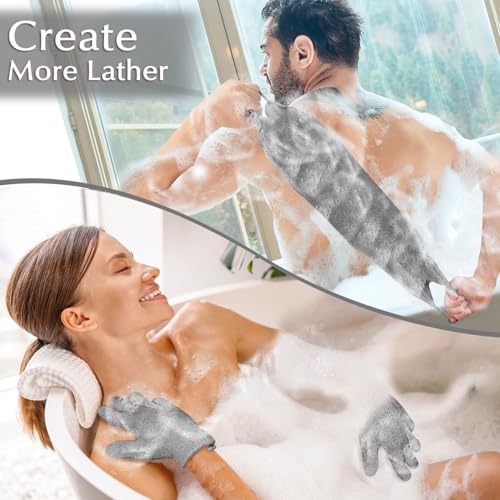 Anezus Exfoliating Back Scrubber Bath Gloves Set, Exfoliating Shower Towel with Shower Gloves for Body Scrub, Back Cleaner Wash Gloves to Remove Dead Skin (Grey) - Image 2