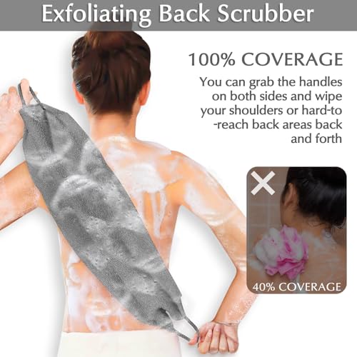 Anezus Exfoliating Back Scrubber Bath Gloves Set, Exfoliating Shower Towel with Shower Gloves for Body Scrub, Back Cleaner Wash Gloves to Remove Dead Skin (Grey) - Image 4