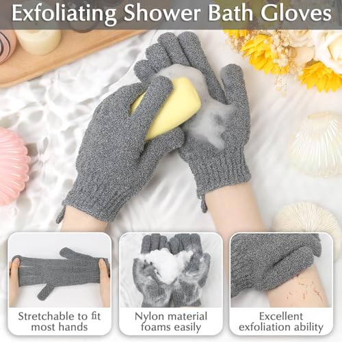 Anezus Exfoliating Back Scrubber Bath Gloves Set, Exfoliating Shower Towel with Shower Gloves for Body Scrub, Back Cleaner Wash Gloves to Remove Dead Skin (Grey) - Image 3