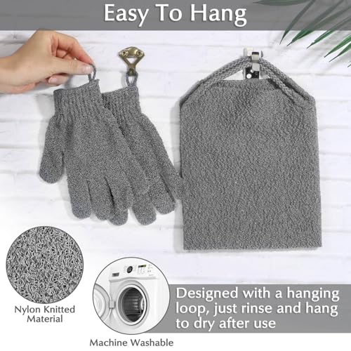 Anezus Exfoliating Back Scrubber Bath Gloves Set, Exfoliating Shower Towel with Shower Gloves for Body Scrub, Back Cleaner Wash Gloves to Remove Dead Skin (Grey) - Image 5
