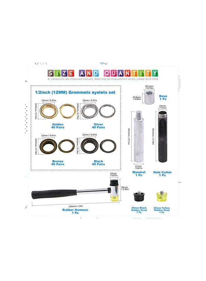 Glarks 164Pcs 1/2 Inch Grommets Eyelets with Tool Sets, 160Pcs 4 Colors Grommets Eyelets with 4Pcs Installation Tools for Fabric, Canvas, Curtain, Clothing, Leather Repair and Decoration - Image 2